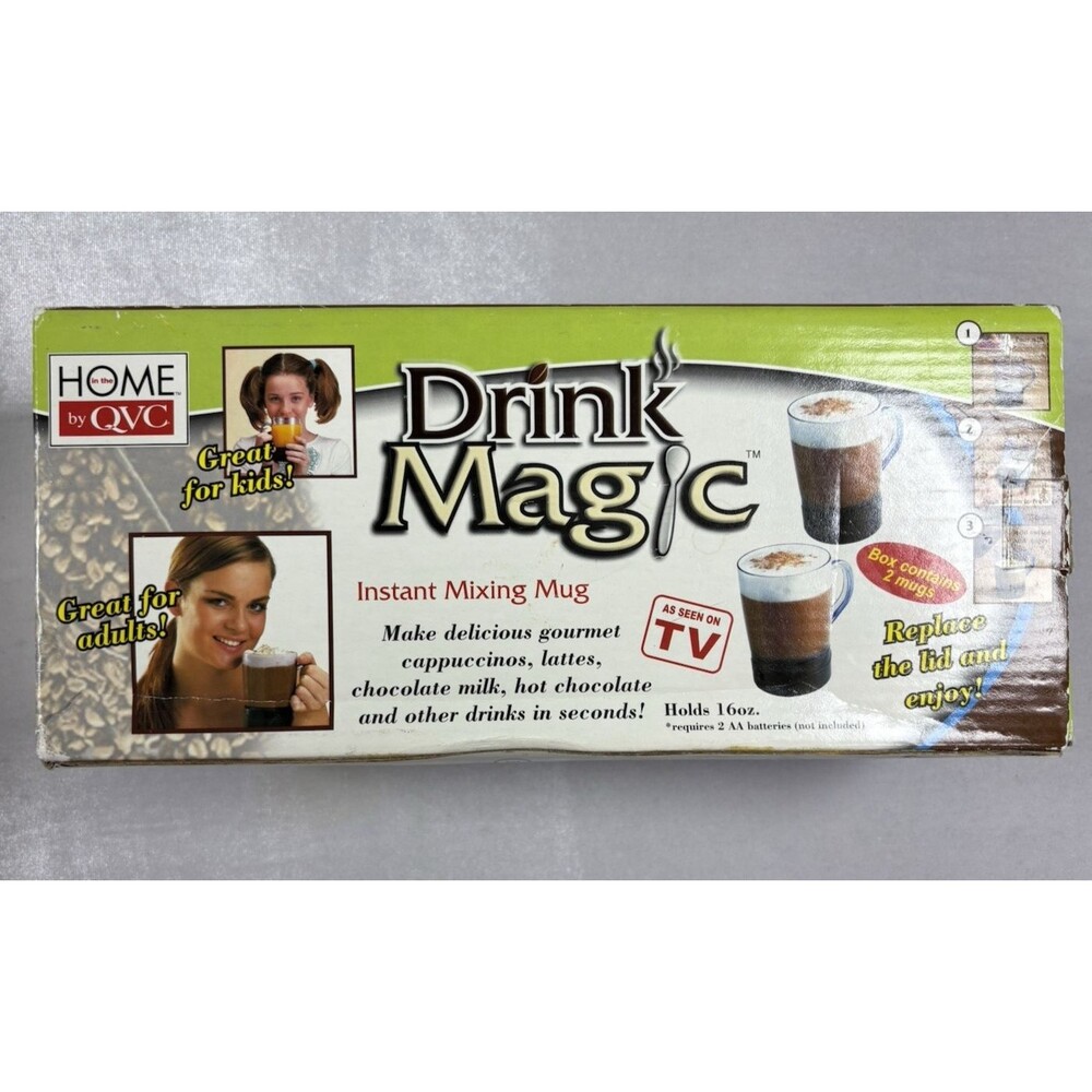Drink Magic Instant Mixing Mug Set of 2 QVC Self Stirring Frothing Mugs New in B